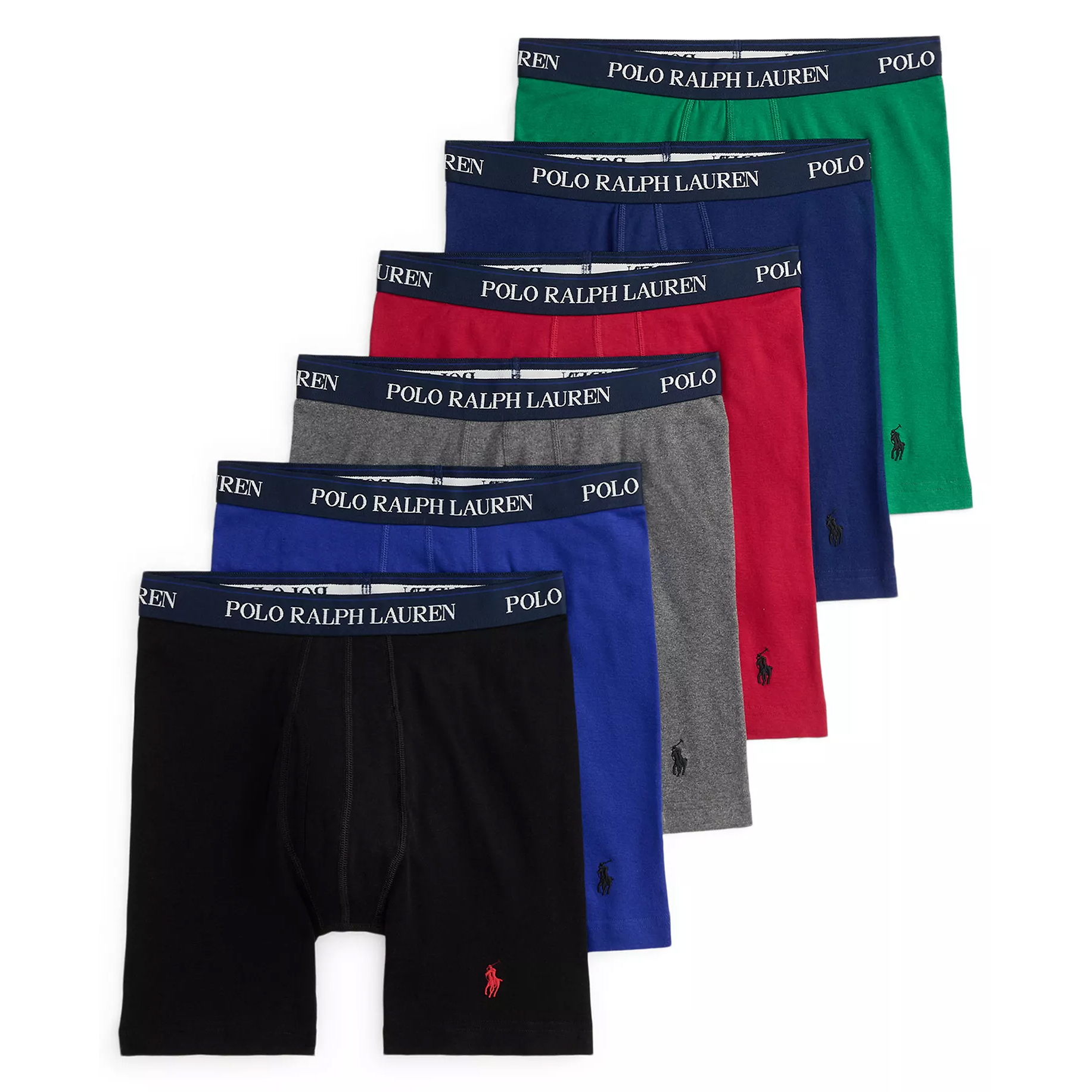 A set of Polo Ralph Lauren men's boxer briefs in various colors, each featuring a waistband with the brand name and an embroidered logo.