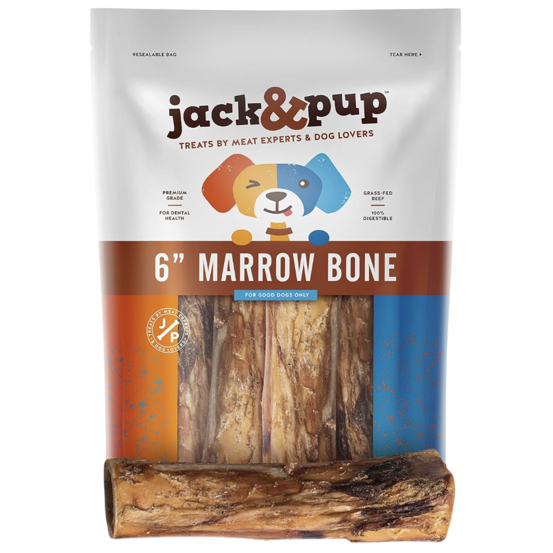 Jack & Pup 6\“ Marrow Bone, a treat for dogs, made from grass-fed beef that supports dental health and is 100% digestible.