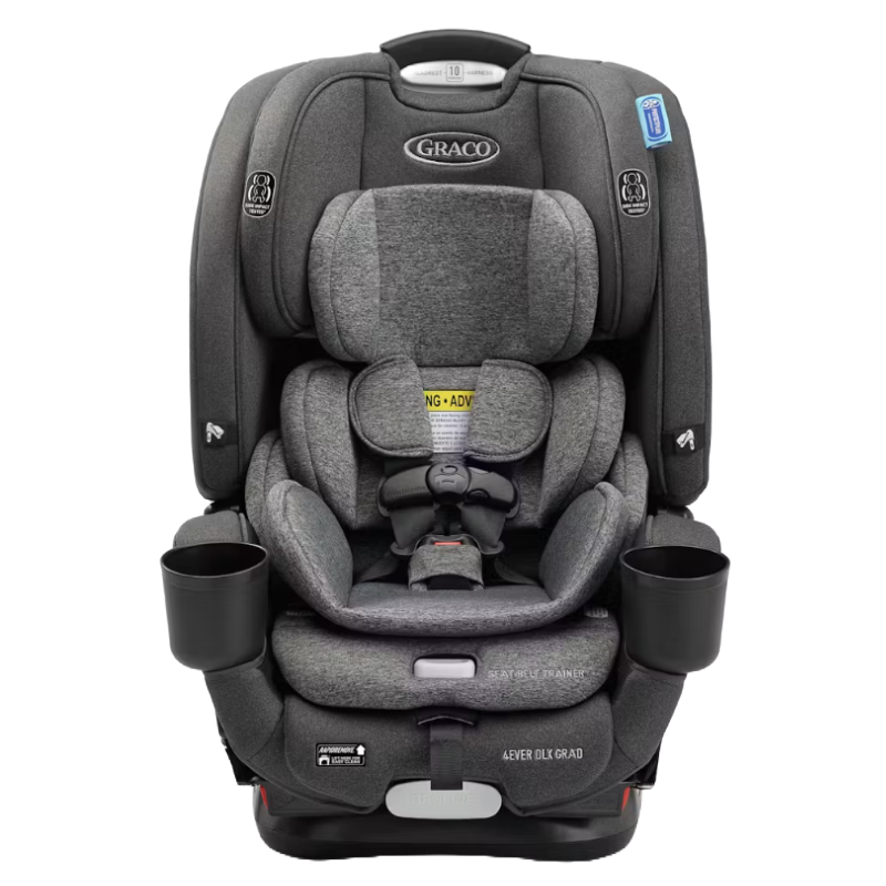 Graco 4Ever DLX Grad 5-in-1 Slim Car Seat in gray features adjustable harness, two cup holders, and convertible design for extended use from infant to booster, accommodating different growth stages safely and comfortably.