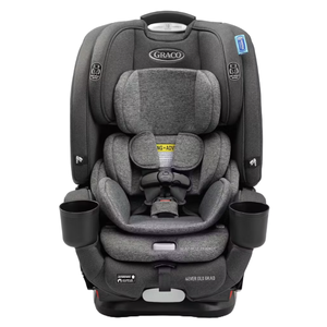 Graco 4Ever DLX Grad 5-in-1 Slim Car Seat in gray features adjustable harness, two cup holders, and convertible design for extended use from infant to booster, accommodating different growth stages safely and comfortably.