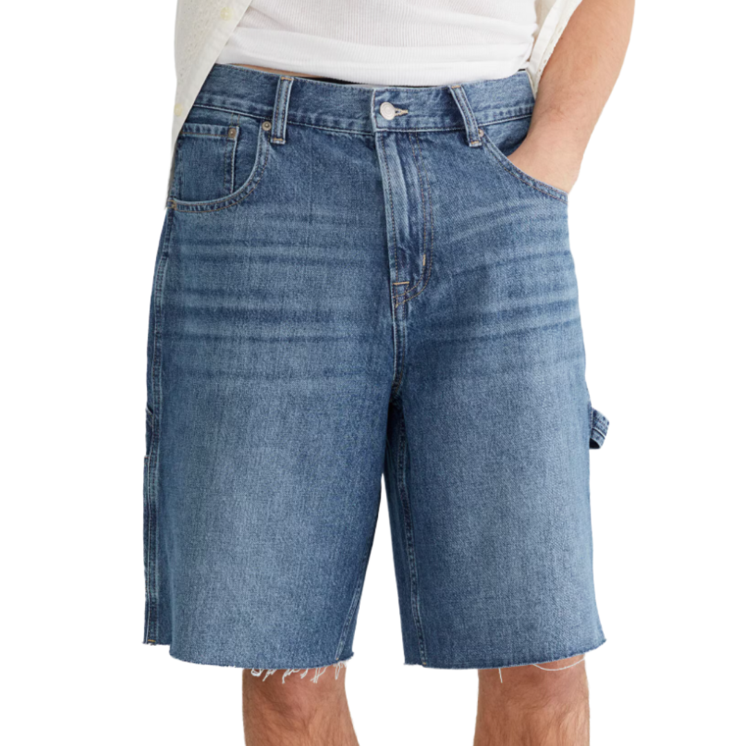 Men's denim shorts with raw hems, classic five-pocket design, and a relaxed fit.