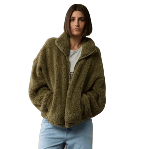 A cozy, oversized olive-green sherpa sweatshirt with a zip-up front and spread collar, designed for a relaxed fit.