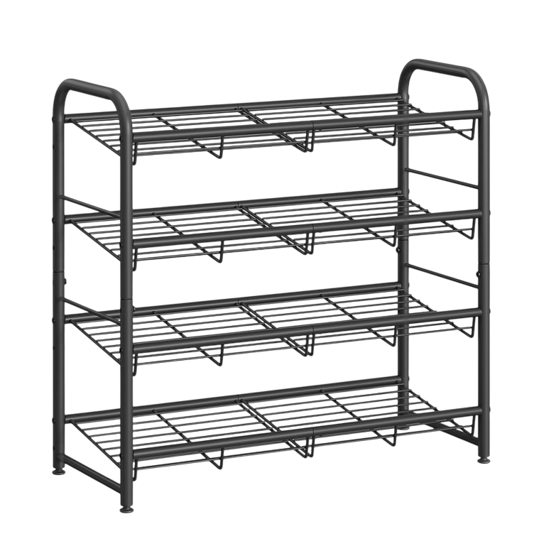 A black 4-tier metal shoe rack with a grid design, featuring curved side handles for easy portability.