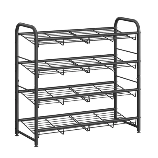 A black 4-tier metal shoe rack with a grid design, featuring curved side handles for easy portability.