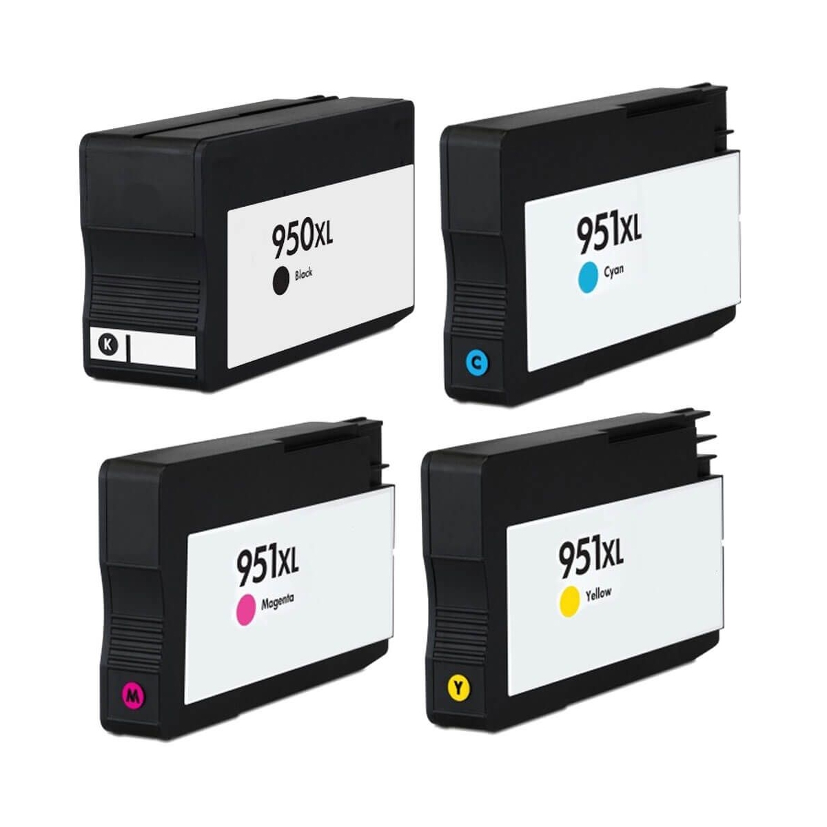 Four ink cartridges labeled 950XL Black, 951XL Cyan, 951XL Magenta, and 951XL Yellow.