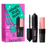 Benefit Cosmetics mascara duo set featuring \“BADgal BANG!\“ and \“Roller Lash\“ mini mascaras, packaged in a colorful box with \“What's That Lash?\“ slogan.