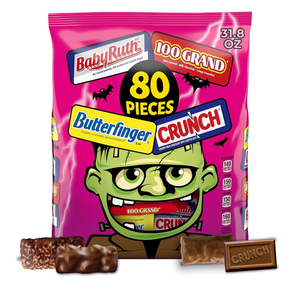 Halloween-themed candy assortment featuring Baby Ruth, 100 Grand, Butterfinger, and Crunch bars, with a total of 80 pieces and a package weight of 31.8 oz.