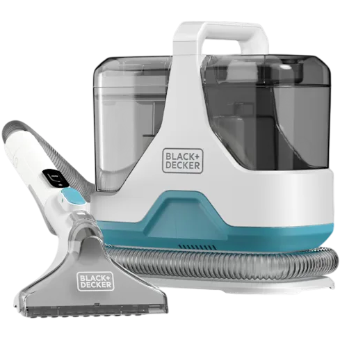 A BLACK+DECKER carpet cleaner with a handheld attachment and flexible hose designed for deep cleaning upholstery and carpets.