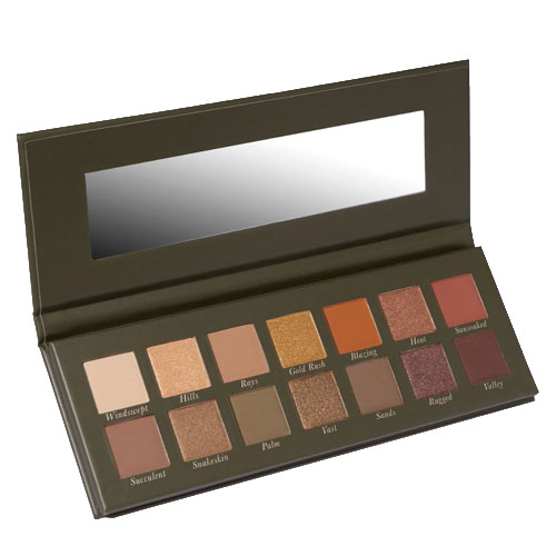 An open eyeshadow palette featuring 12 neutral and warm-toned shades with a built-in mirror.