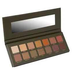 An open eyeshadow palette featuring 12 neutral and warm-toned shades with a built-in mirror.