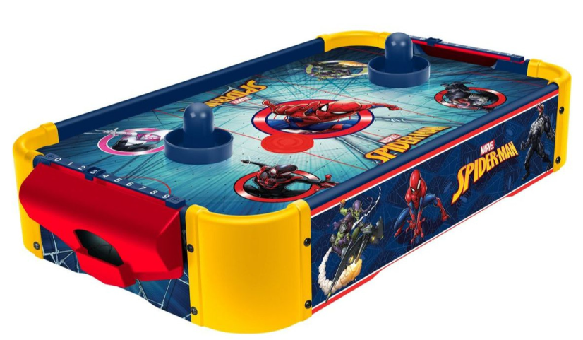 Marvel Spider-Man-themed tabletop air hockey game with colorful graphics, featuring characters like Spider-Man and Green Goblin. Includes two strikers and is designed for fun, compact play.