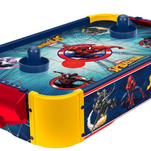 Marvel Spider-Man-themed tabletop air hockey game with colorful graphics, featuring characters like Spider-Man and Green Goblin. Includes two strikers and is designed for fun, compact play.