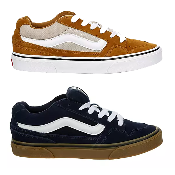 Two pairs of sneakers: top pair is brown and white, bottom pair is navy blue and white with a contrasting gum sole.