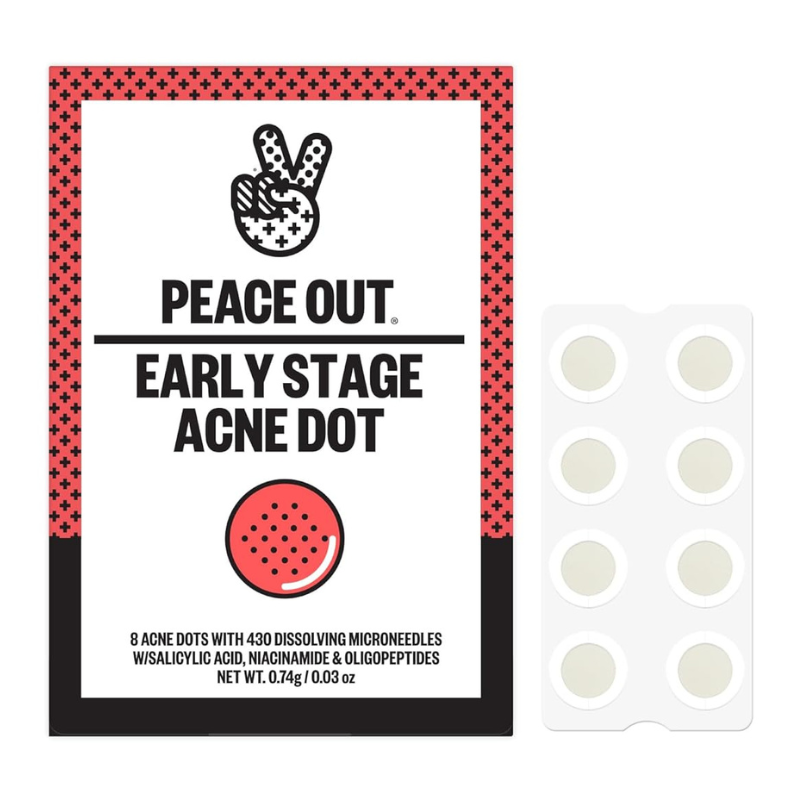 Peace Out Early Stage Acne Dot packaging with 8 acne dots featuring 430 dissolving microneedles, containing salicylic acid, niacinamide, and oligopeptides.