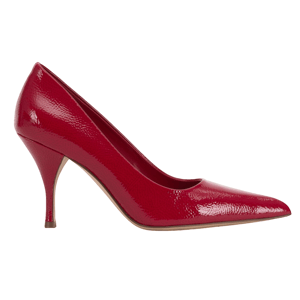 A red patent leather high-heeled pump with a pointed toe and textured finish.