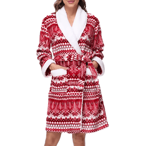 A festive red and white robe with a winter-themed pattern featuring snowflakes, complete with a white fleece collar and cuffs.