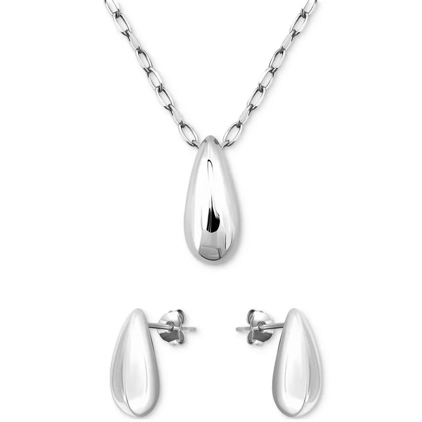 A jewelry set featuring a teardrop pendant necklace and matching teardrop stud earrings in a polished silver finish.