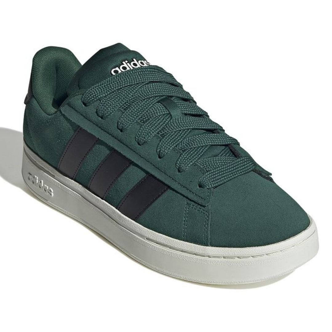 Dark green Adidas Grand Court Alpha Sneakers with black stripes, featuring a white sole and the Adidas logo on the tongue and heel.