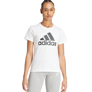 A person is wearing a white Adidas t-shirt with the logo on the front and gray Adidas leggings, showcasing casual sportswear.