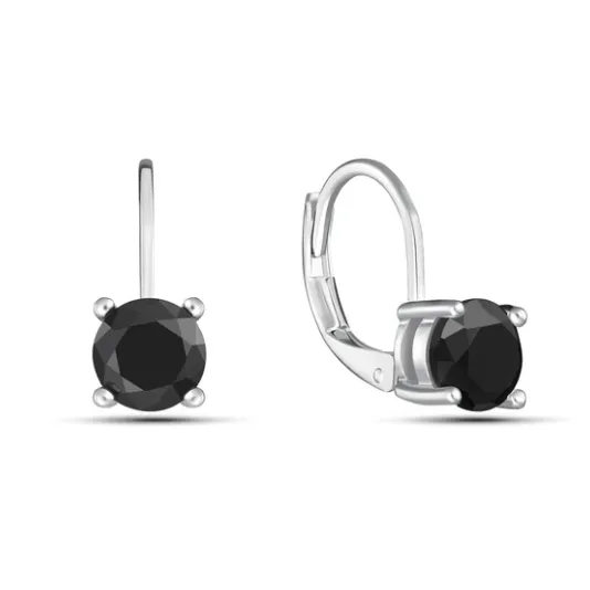 A pair of silver earrings with round-cut black gemstones in a prong setting.