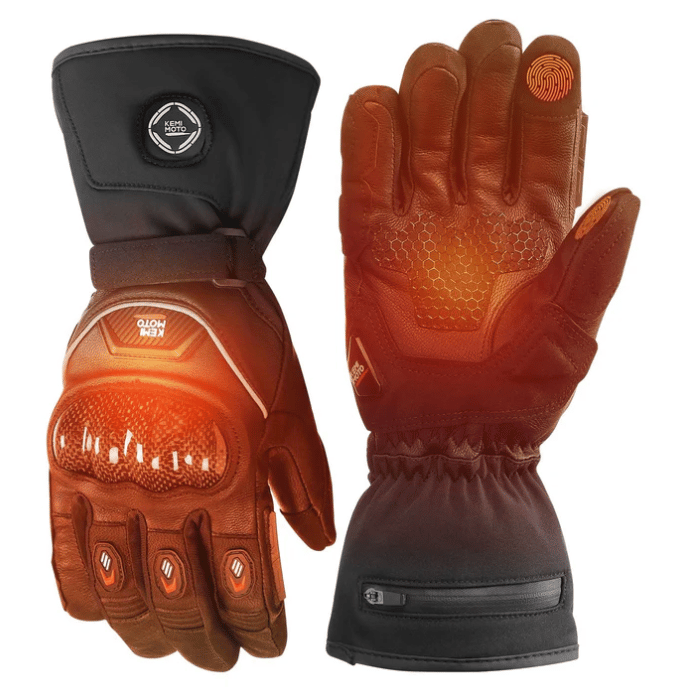 Heated gloves featuring adjustable temperature controls and touchscreen compatibility, designed for cold weather use.