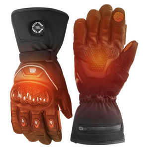 Heated gloves featuring adjustable temperature controls and touchscreen compatibility, designed for cold weather use.