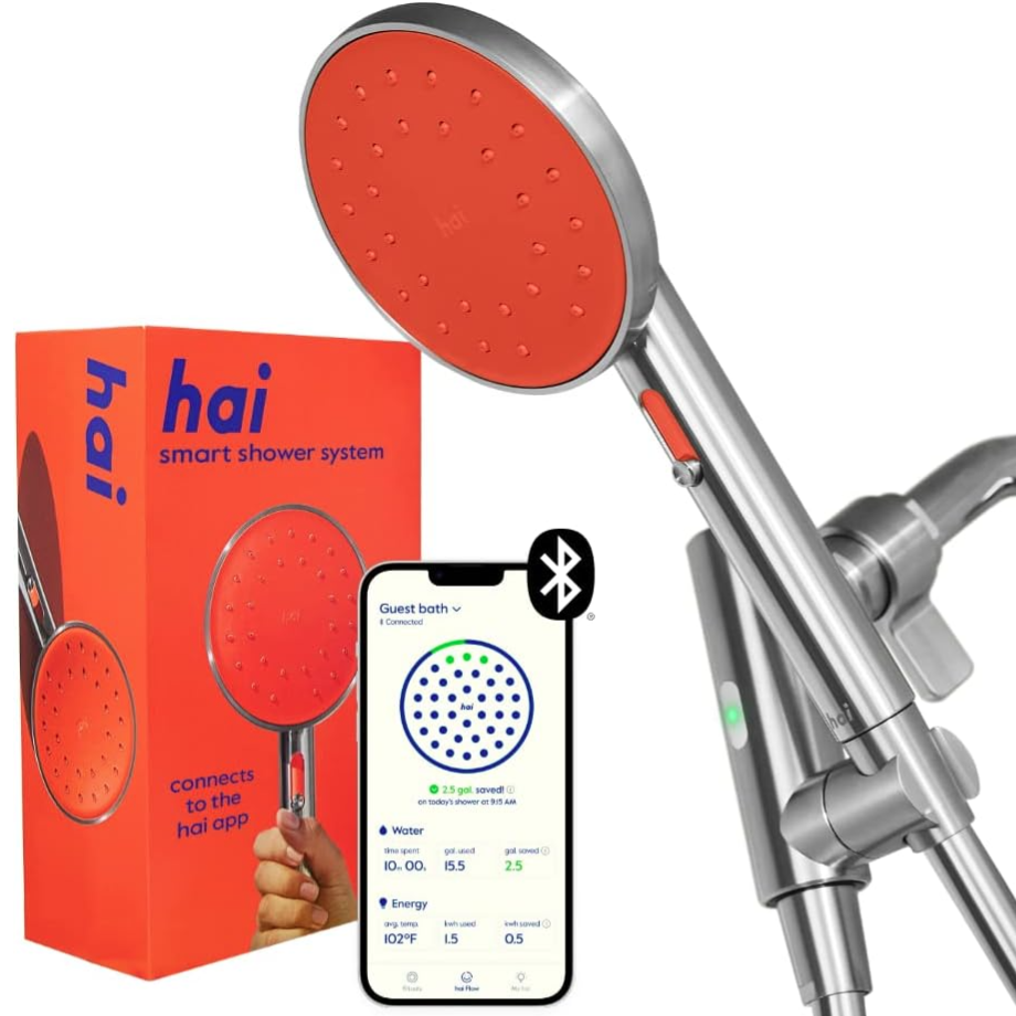 Hai smart shower system includes an orange showerhead, packaging, and a smartphone app showing water and energy usage, equipped with Bluetooth connectivity.