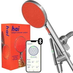 Hai smart shower system includes an orange showerhead, packaging, and a smartphone app showing water and energy usage, equipped with Bluetooth connectivity.