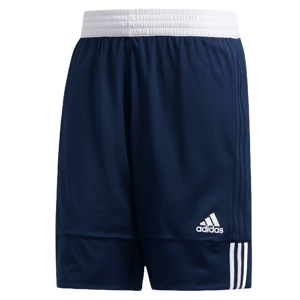 Adidas Men's Reversible Shorts in navy blue feature a white waistband, the Adidas logo, and three signature stripes on the hem.