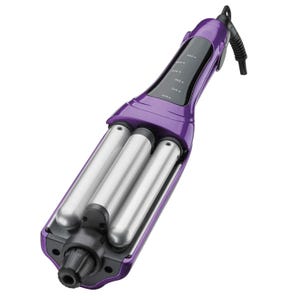 A purple Bed Head hair waver tool featuring three silver barrels for creating beachy waves, with a black handle displaying temperature settings ranging from 350°F to 400°F.