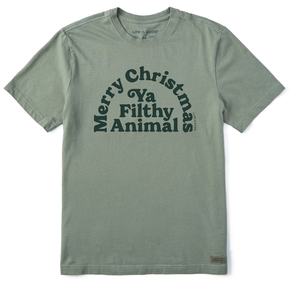 Men's T-shirt in olive green with the text \“Merry Christmas Ya Filthy Animal\“ printed on the front in dark green letters.