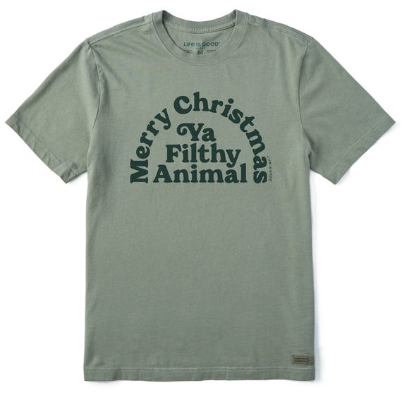 Men's T-shirt in olive green with the text \“Merry Christmas Ya Filthy Animal\“ printed on the front in dark green letters.