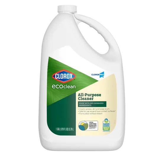 Clorox EC0clean All-Purpose Cleaner, 1 gallon (3.78 L), made with 99% biobased ingredients, cleans grease, dirt, and soap scum, safe for use around food contact surfaces, and formulated without bleach.