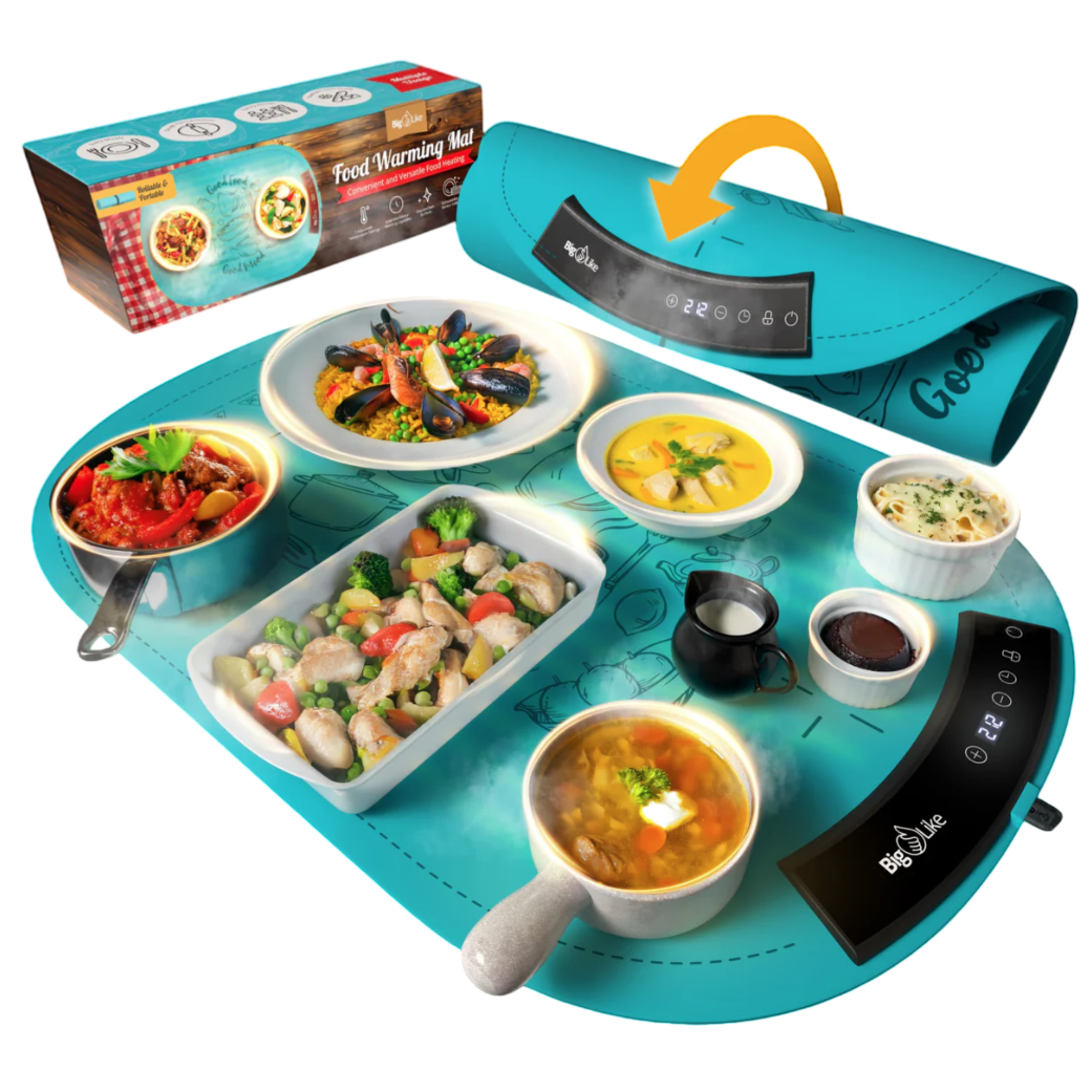 A food-warming mat with digital controls is shown in use, keeping multiple dishes warm. The product is depicted in turquoise and is packaged as a convenient solution for maintaining meal temperature.