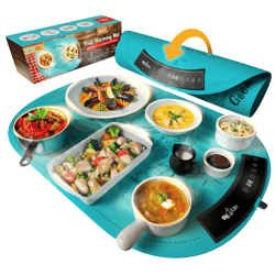 A food-warming mat with digital controls is shown in use, keeping multiple dishes warm. The product is depicted in turquoise and is packaged as a convenient solution for maintaining meal temperature.
