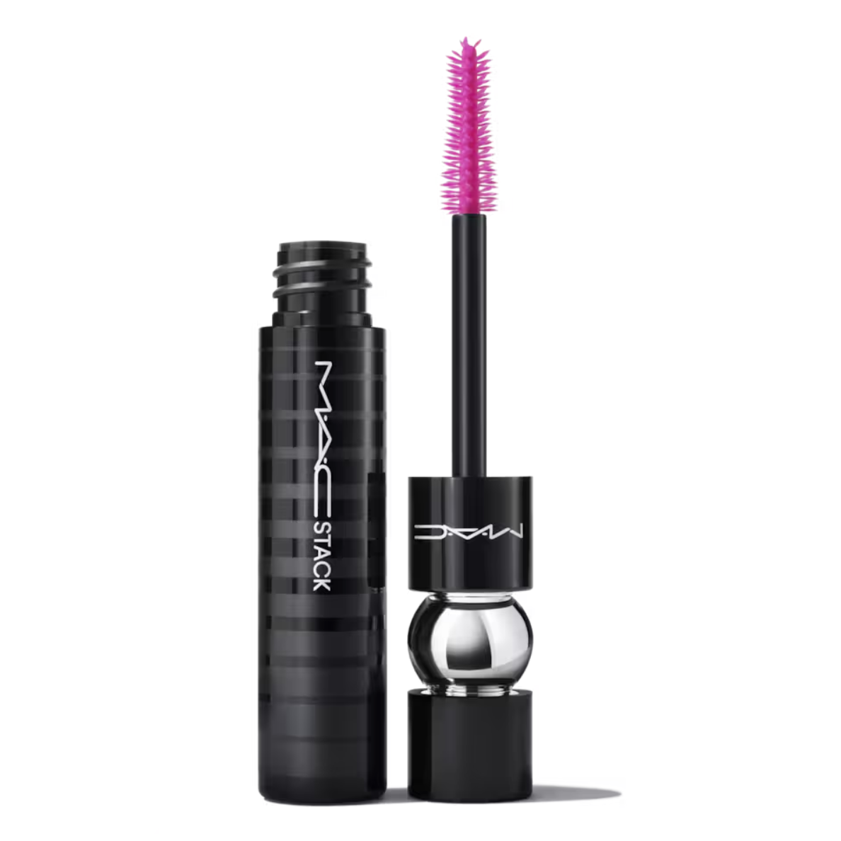 Mascara with a black cylindrical container and wand with a pink brush, from MAC Cosmetics.