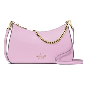 A pale pink Kate Spade crossbody bag with a gold chain accent and an adjustable strap.