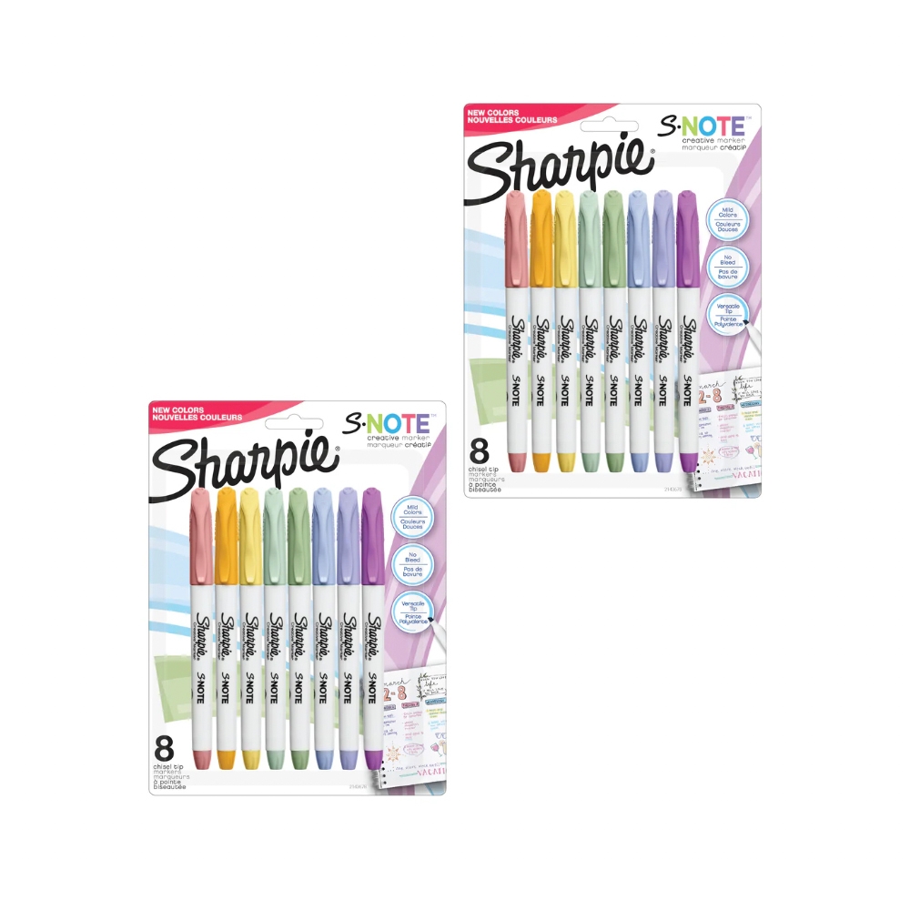 Two packs of eight Sharpie S-Note creative markers in assorted pastel colors.