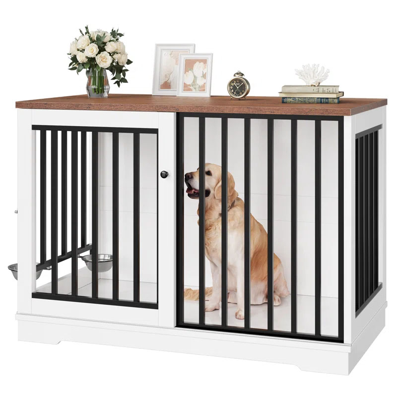 This is a Tucker Murphy 47-inch dog crate featuring a white and wood finish, with bars for visibility and a side door for access, doubling as a piece of furniture with a flat top for decorative items.