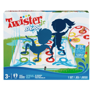 Twister Jr. Splash, a game for ages 3 and up, features a water-enhanced twist on the classic Twister game, requiring adult assembly.