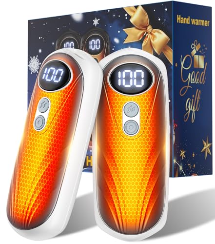 Set of rechargeable hand warmers with a digital display, packaged in a gift-themed box.