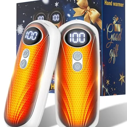 Set of rechargeable hand warmers with a digital display, packaged in a gift-themed box.
