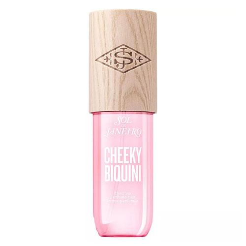 A pink bottle of Sol de Janeiro Cheeky Biquini fragrance mist with a wooden cap featuring the brand's logo on top.