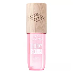 A pink bottle of Sol de Janeiro Cheeky Biquini fragrance mist with a wooden cap featuring the brand's logo on top.