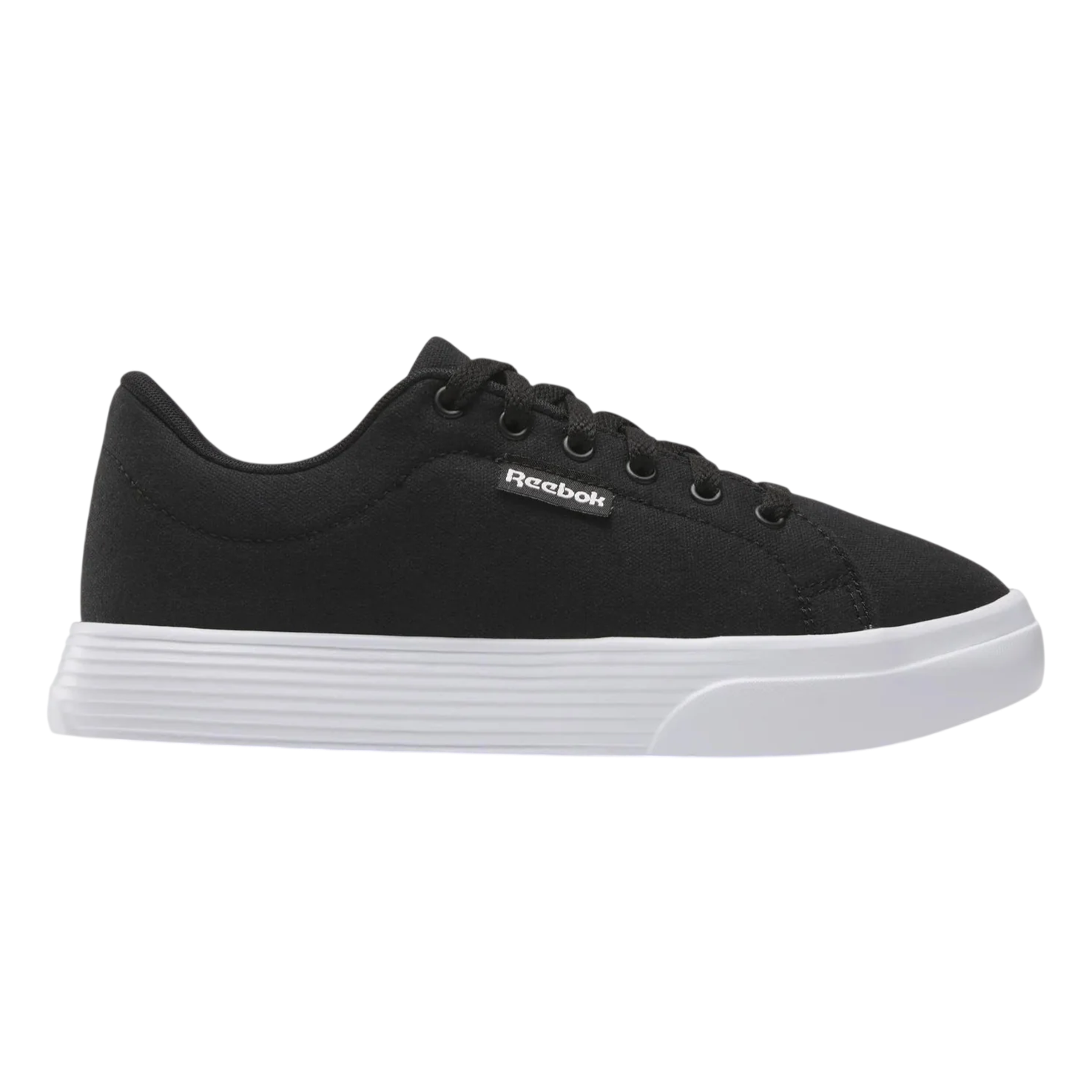 Black low-top sneaker with a white sole and the Reebok logo on the side.