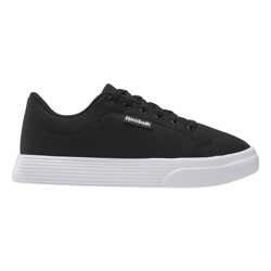 Black low-top sneaker with a white sole and the Reebok logo on the side.