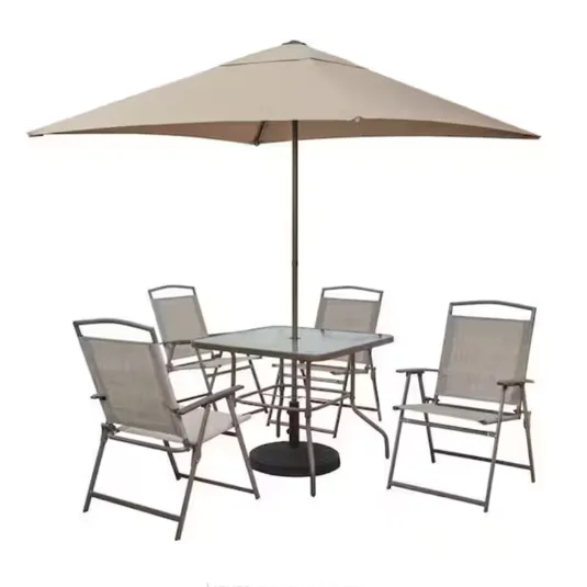 A patio set featuring a square glass table with a beige umbrella and four foldable chairs.
