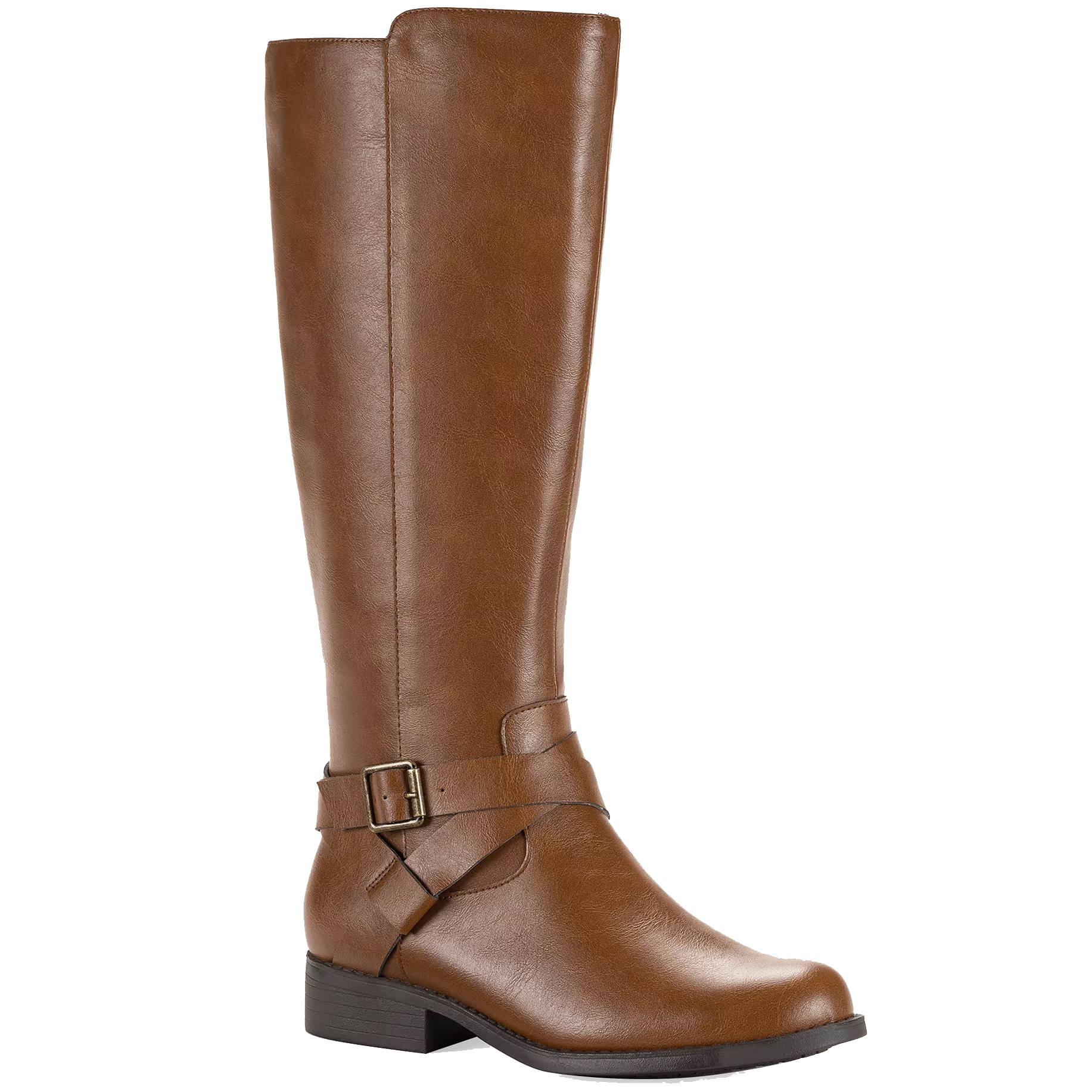 A brown knee-high riding boot with a small heel, featuring a decorative strap and buckle around the ankle.