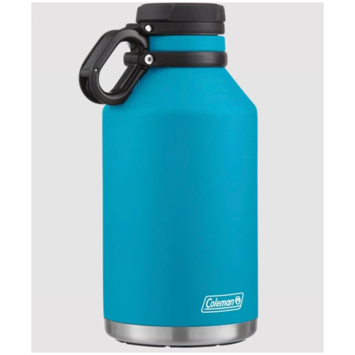 A blue Coleman insulated water bottle with a black lid and carabiner.