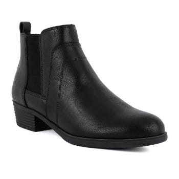 Black ankle boot with a low block heel, featuring an elastic side panel and a pull-tab at the back.
